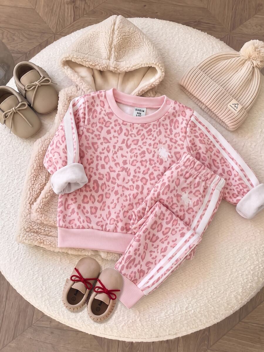 SHEIN Newborn Cute Casual Leopard Print Pink Sweatshirt & Pants Set - Pink - View 1
