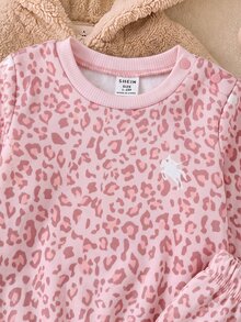 SHEIN Newborn Cute Casual Leopard Print Pink Sweatshirt & Pants Set - Pink - View 6