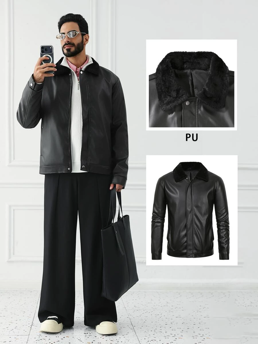 HUEFORM Men's Vintage Rabbit Fur Collar Leather Jacket, Cool Leather Jacket, Autumn/Winter Versatile Mature Black Coat,Suitable For Street Style - Black - View 1