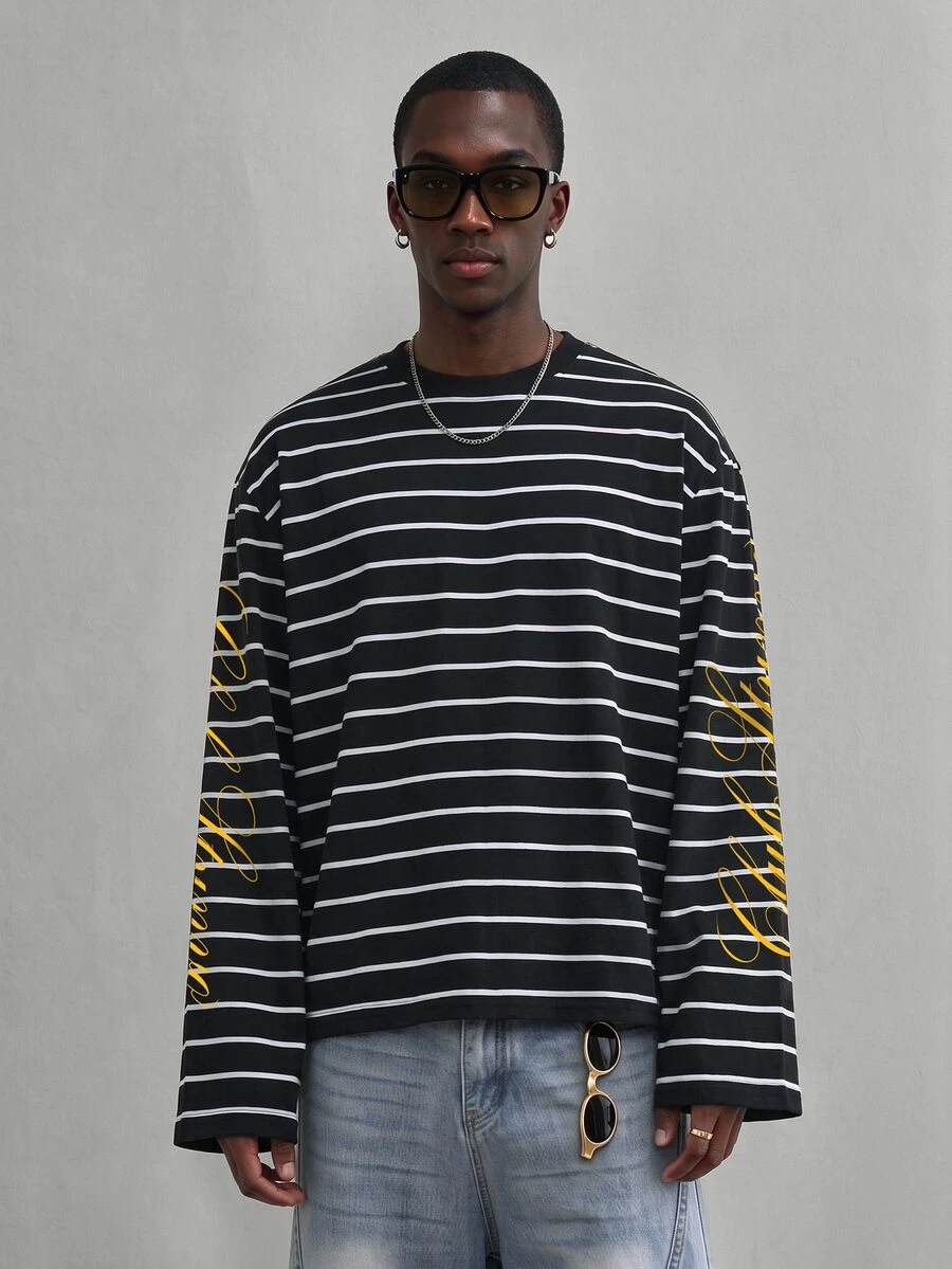 STYNVO 男士黑白條紋長袖圓領T恤,袖口字母印花,時尚極簡街頭風,休閒度假海灘秋季穿搭 - 黑與白 - 查看 1