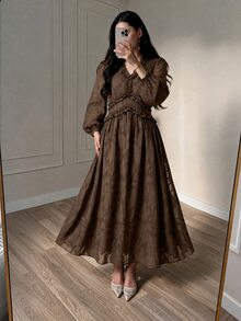 Modelyn 女款棕色V領荷葉邊長袖中長洋裝，優雅飄逸A字秋季洋裝，端莊婚禮賓客晚宴禮服 - 棕色 - 查看 5