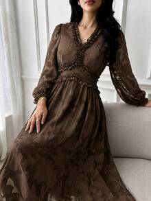 Modelyn 女款棕色V領荷葉邊長袖中長洋裝，優雅飄逸A字秋季洋裝，端莊婚禮賓客晚宴禮服 - 棕色 - 查看 6
