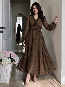 Modelyn 女款棕色V領荷葉邊長袖中長洋裝，優雅飄逸A字秋季洋裝，端莊婚禮賓客晚宴禮服 - 棕色 - 查看 11
