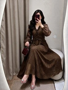 Modelyn 女款棕色V領荷葉邊長袖中長洋裝，優雅飄逸A字秋季洋裝，端莊婚禮賓客晚宴禮服 - 棕色 - 查看 10