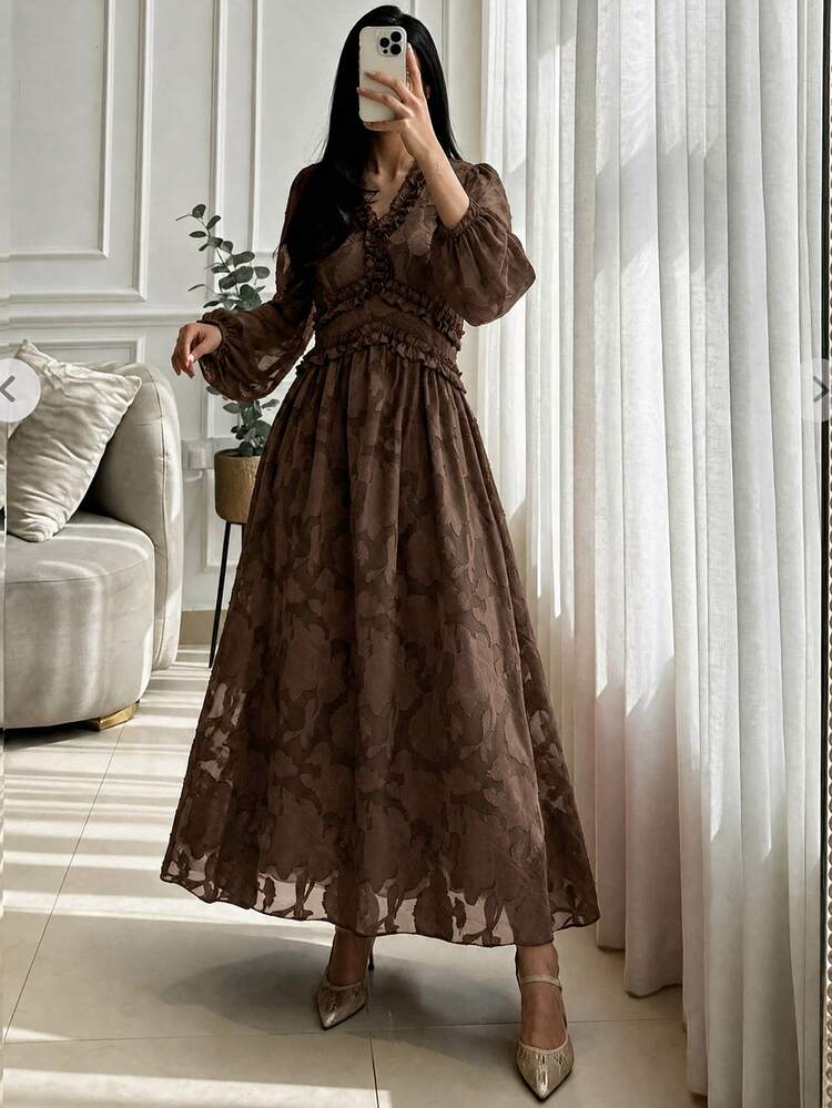 Modelyn Women Brown V Neck Ruffle Long Sleeve Midi Dress, Elegant Flowy A Line Fall Dress, Modest Wedding Guest Evening Party Dress For Autumn - Brown - View 7