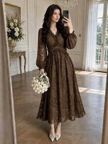 Modelyn 女款棕色V領荷葉邊長袖中長洋裝，優雅飄逸A字秋季洋裝，端莊婚禮賓客晚宴禮服 - 棕色 - 查看 3