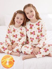SHEIN 2件組青少年女孩圓領長袖上衣與長褲套裝，舒適毛絨奶油色蝴蝶結愛心熊印花，秋冬居家休閒服，日系可愛休閒風 - 白色 - 查看 5