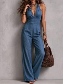 Trelyra Plus Size Casual Loose Fit Halter Tie Jumpsuit Vacation Brunch Summer - Blue - View 6