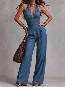 Trelyra Plus Size Casual Loose Fit Halter Tie Jumpsuit Vacation Brunch Summer - Blue - View 7