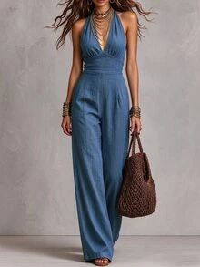 Trelyra Plus Size Casual Loose Fit Halter Tie Jumpsuit Vacation Brunch Summer - Blue - View 3
