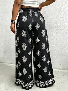 EMERY ROSE Women's Plus Size Printed Linen Slub Pants, Suitable For Date Vacation And Daily Wear, High Waist Loose Wide Leg Pants Fall Black Boho Casual - Black - View 2