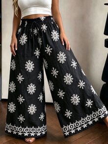 EMERY ROSE Women's Plus Size Printed Linen Slub Pants, Suitable For Date Vacation And Daily Wear, High Waist Loose Wide Leg Pants Fall Black Boho Casual - Black - View 1