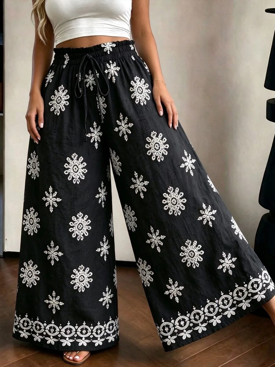 EMERY ROSE Women's Plus Size Printed Linen Slub Pants, Suitable For Date Vacation And Daily Wear, High Waist Loose Wide Leg Pants Fall Black Boho Casual - Black - View 1