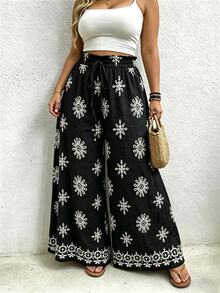 EMERY ROSE Women's Plus Size Printed Linen Slub Pants, Suitable For Date Vacation And Daily Wear, High Waist Loose Wide Leg Pants Fall Black Boho Casual - Black - View 4