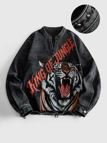ROMWE MEN New American Retro Y2K Jungle King Tiger Print Rivet Denim Long Sleeve Top Unisex Distressed Washed Soft Denim Rivet Decor Jacket Outerwear For Multiple Occasions - Multicolor - View 1
