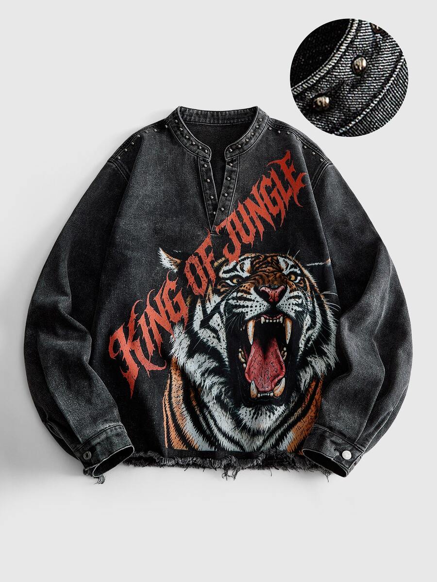 ROMWE MEN New American Retro Y2K Jungle King Tiger Print Rivet Denim Long Sleeve Top Unisex Distressed Washed Soft Denim Rivet Decor Jacket Outerwear For Multiple Occasions - Multicolor - View 1