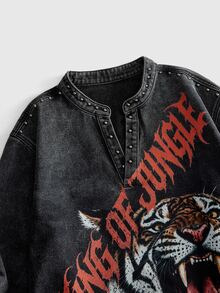 ROMWE MEN New American Retro Y2K Jungle King Tiger Print Rivet Denim Long Sleeve Top Unisex Distressed Washed Soft Denim Rivet Decor Jacket Outerwear For Multiple Occasions - Multicolor - View 3