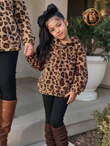 SHEIN Girls Korean Style Energetic Brown Sweatshirt & Ribbon Bow Fitted Long Pants 2pcs Set, Casual Long Sleeve Outfit For Spring Autumn Winter, Thermal Lined Thickened - Multicolor - View 1
