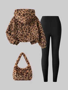 SHEIN Girls Korean Style Energetic Brown Sweatshirt & Ribbon Bow Fitted Long Pants 2pcs Set, Casual Long Sleeve Outfit For Spring Autumn Winter, Thermal Lined Thickened - Multicolor - View 2