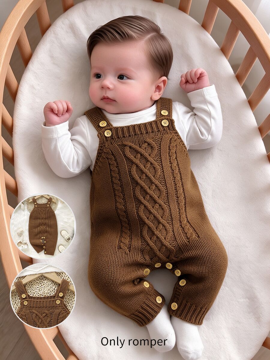 SHEIN 1pc Coffee Brown Baby Cable Knit Suspenders Romper, Solid Color ...