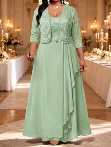 Fleurora Plus Size Women's Lace Rhinestone Decorated Dress And Long Sleeve Cardigan Suit Set Fall - Mint Green - View 4