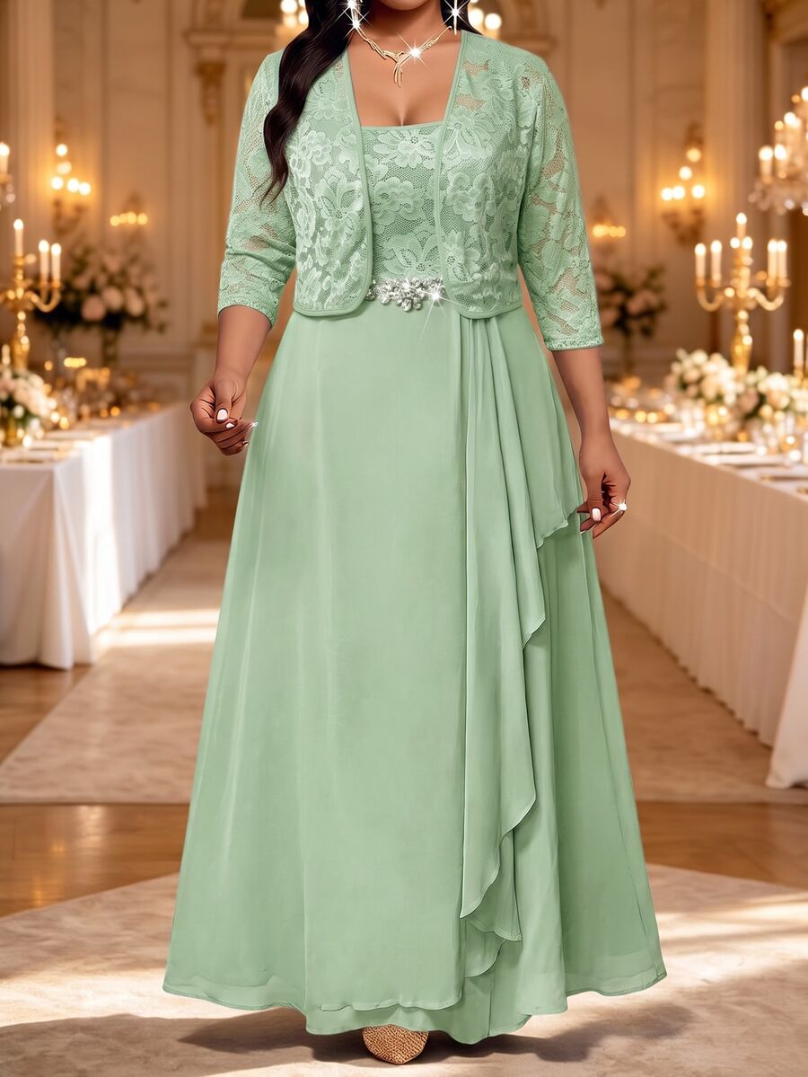 Fleurora Plus Size Women's Lace Rhinestone Decorated Dress And Long Sleeve Cardigan Suit Set Fall Formal Wedding Sage Green Elegant Christmas - Mint Green - View 1