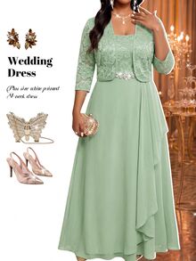 Fleurora Plus Size Women's Lace Rhinestone Decorated Dress And Long Sleeve Cardigan Suit Set Fall - Mint Green - View 6