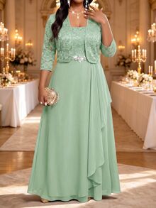 Fleurora Plus Size Women's Lace Rhinestone Decorated Dress And Long Sleeve Cardigan Suit Set Fall - Mint Green - View 3