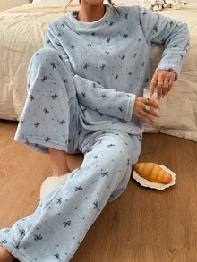 Napfluff Double-Sided Flannel Casual Polka Dot Bow Loose Fit Women's Pajama Set - Blue - View 5
