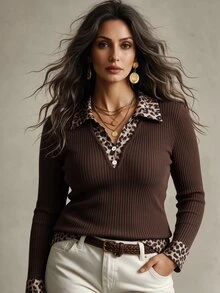 Linhara CURVE Plus Size Women's Fashion Versatile Coffee Brown Knit Patchwork Leopard Print Polo Collar Long Sleeve Ribbed T-Shirt, Autumn/Winter Fall - Brown - View 1