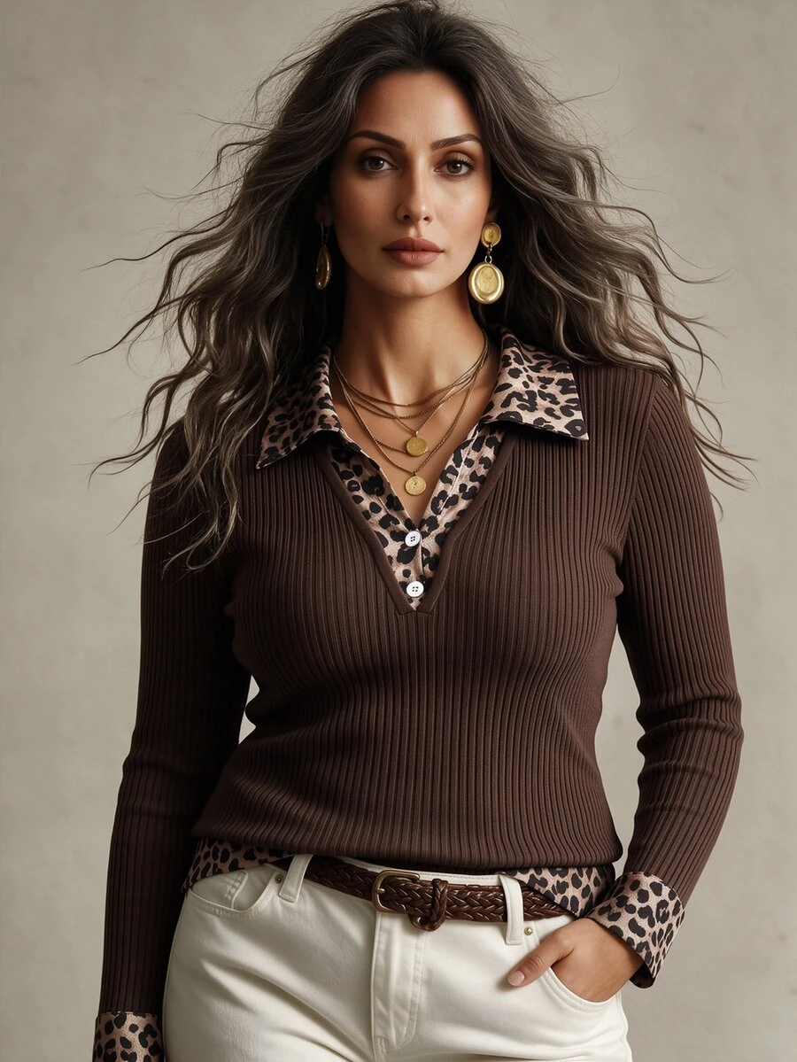 Linhara CURVE Plus Size Women's Fashion Versatile Coffee Brown Knit Patchwork Leopard Print Polo Collar Long Sleeve Ribbed T-Shirt, Autumn/Winter Fall - Brown - View 1