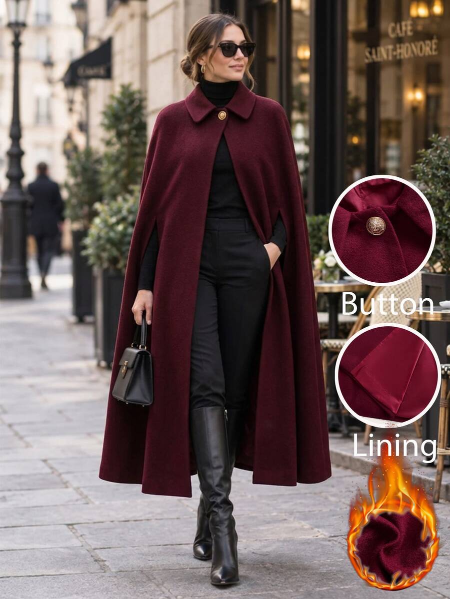 Editum Women's Elegant Wool Cape Coat, Fall/ Dinner Burgundy Everyday