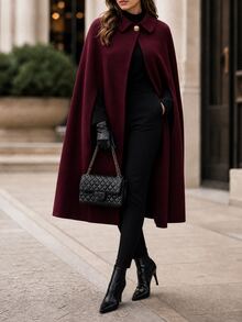 Editum Women's Elegant Wool Cape Coat, Fall/ Dinner Burgundy Everyday - Burgundy - View 6