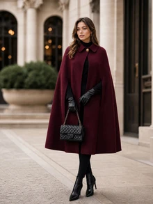 Editum Women's Elegant Wool Cape Coat, Fall/ Dinner Burgundy Everyday - Burgundy - View 8