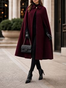 Editum Women's Elegant Wool Cape Coat, Fall/ Dinner Burgundy Everyday - Burgundy - View 5
