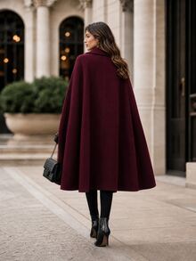 Editum Women's Elegant Wool Cape Coat, Fall/ Dinner Burgundy Everyday - Burgundy - View 9
