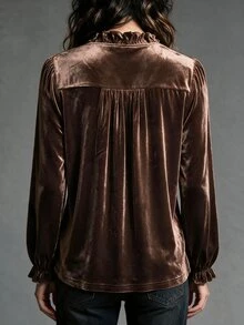Omancia 2026 Autumn/Winter Velvet Frill Trim V-Neck Button-Down Blouse With Flared Sleeves, Loose Fit Slimming Casual Commute Top For Women - Brown - View 2