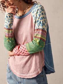Bohemela 休閒波希米亞風純色針織圓領女款T恤 野餐風 灰粉色 秋季 - 彩色 - 查看 3