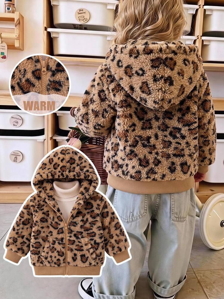 SHEIN Baby Girl Leopard Print Long Sleeve Zip-Up Fleece Hooded Winter Jacket - Brown - View 2