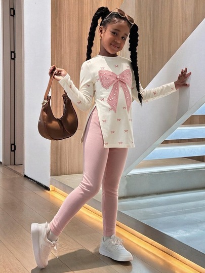Girls Bow Print Long Sleeve Split Hem Top & Solid Leggings 2 Pieces Set, Cute Tween Girl Outfit For Daily