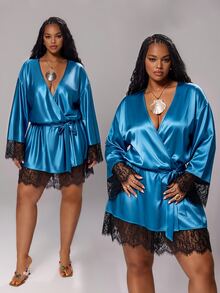 Rustia Plus Size Tie Waist Contrast Lace Sexy Contrast Color Dress Early Autumn Fall Christmas - Teal Blue - View 3