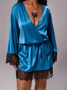 Rustia Plus Size Tie Waist Contrast Lace Sexy Contrast Color Dress Early Autumn Fall Christmas - Teal Blue - View 8