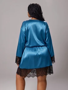 Rustia Plus Size Tie Waist Contrast Lace Sexy Contrast Color Dress Early Autumn Fall Christmas - Teal Blue - View 2