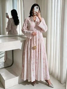 Al Najma 精緻端莊優雅刺繡印花寬鬆女款土耳其長襯衫，阿拉伯傳統洗禮賓客 Ninang 婚禮米色秋季款 - 粉色 - 查看 1