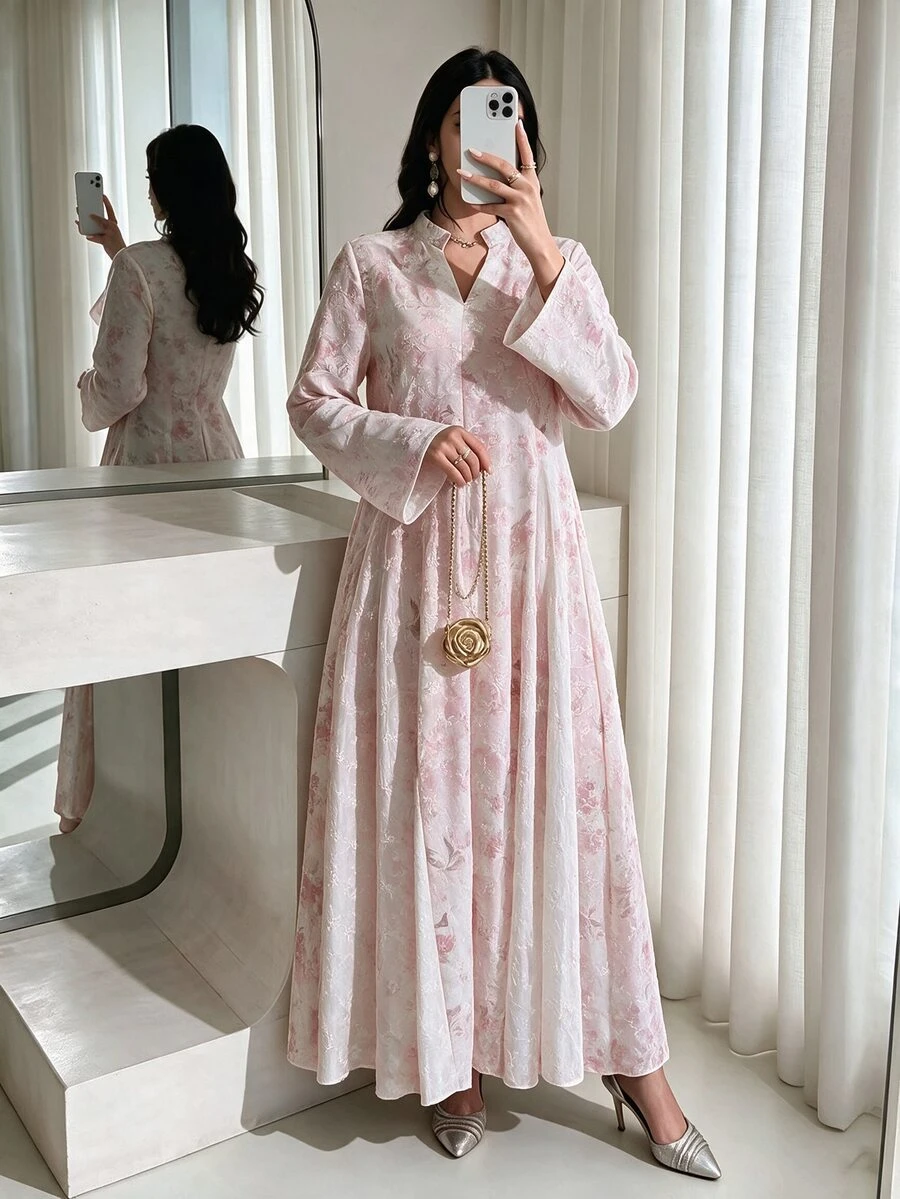 Al Najma 精緻端莊優雅刺繡印花寬鬆女款土耳其長襯衫,阿拉伯傳統洗禮賓客 Ninang 婚禮米色秋季款 - 粉色 - 查看 1
