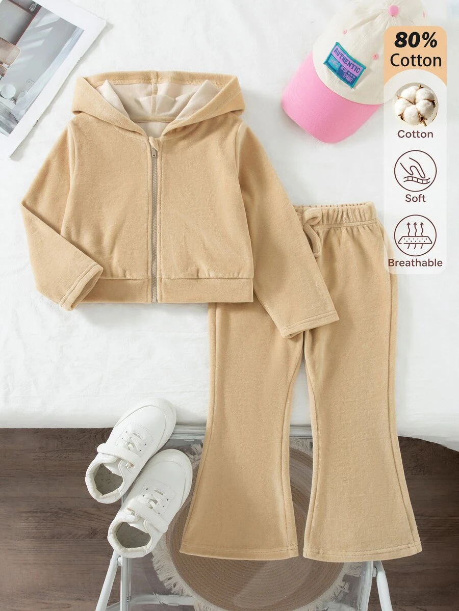 SHEIN 女童休閒套裝，短版拉鍊連帽外套上衣搭配同色系喇叭褲，單色配色，適合日常上學與外出，韓系簡約風