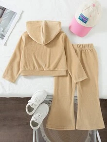 SHEIN 女童休閒套裝，短版拉鍊連帽外套上衣搭配同色系喇叭褲，單色配色，適合日常上學與外出，韓系簡約風 - 卡其色 - 查看 3