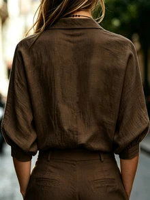SHEIN 女款亞麻休閒通勤早午餐鬆弛感長袖襯衫 咖啡棕 夏季 - 咖啡棕 - 查看 2
