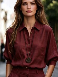 SHEIN Women's Linen Casual Commute Slouchy Long Sleeve Shirt - Burgundy - View 1