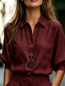 SHEIN Women's Linen Casual Commute Slouchy Long Sleeve Shirt - Burgundy - View 5